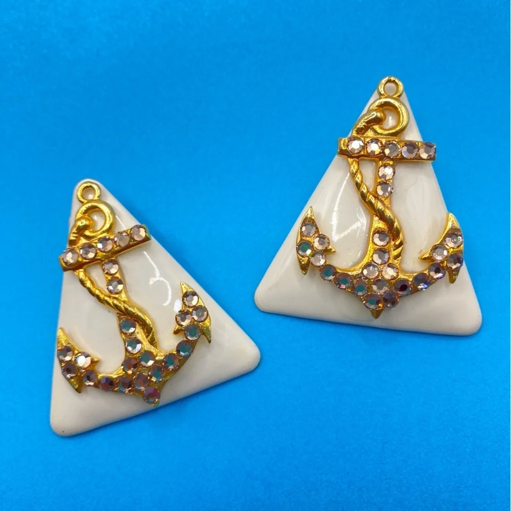 Vintage Anchor Rhinestones On Enameled Gold Tone Chunky Huge Earrings 80's Clips - Picture 5 of 7